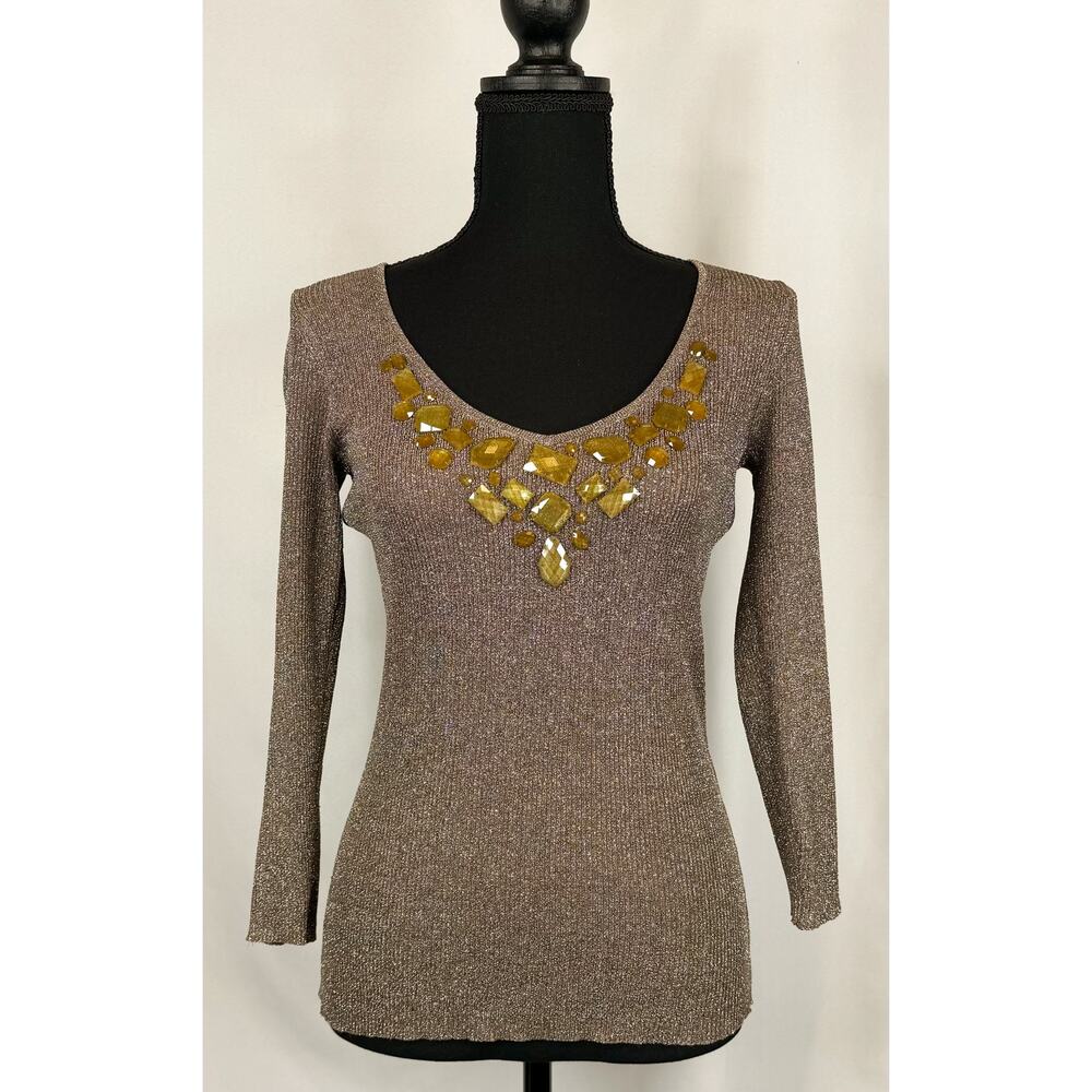 August Silk Womens PM Brown Scoopneck Pullover Sweater Jeweled Accents Shimmery